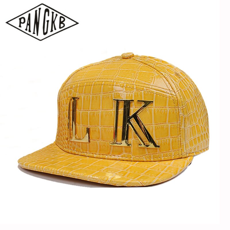 PANGKB-브랜드 메탈 LK 캡 노란색 가죽 스트리트 댄스 스냅백 모자, 남성 여성 성인 야외 캐주얼 태양 야구 모자 뼈